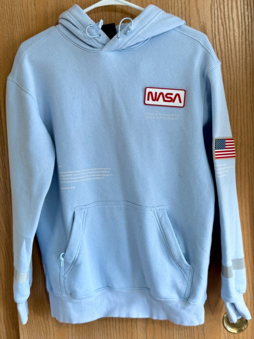 H&M NASA Hoodie w/ red NASA "worm" logo & American flag patch on sleeve XS